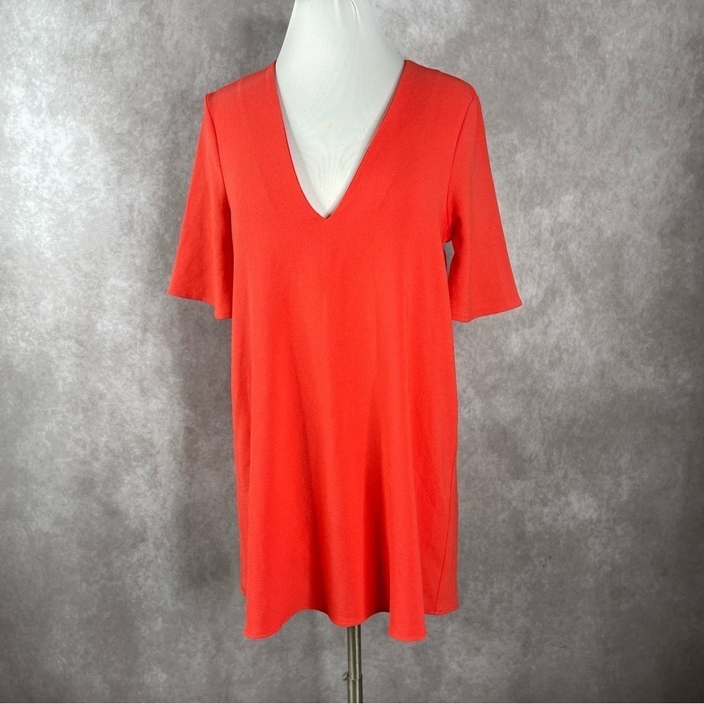 Sandro Paris Deep V-Neck Crepe Mini Dress In Bright Coral Size M